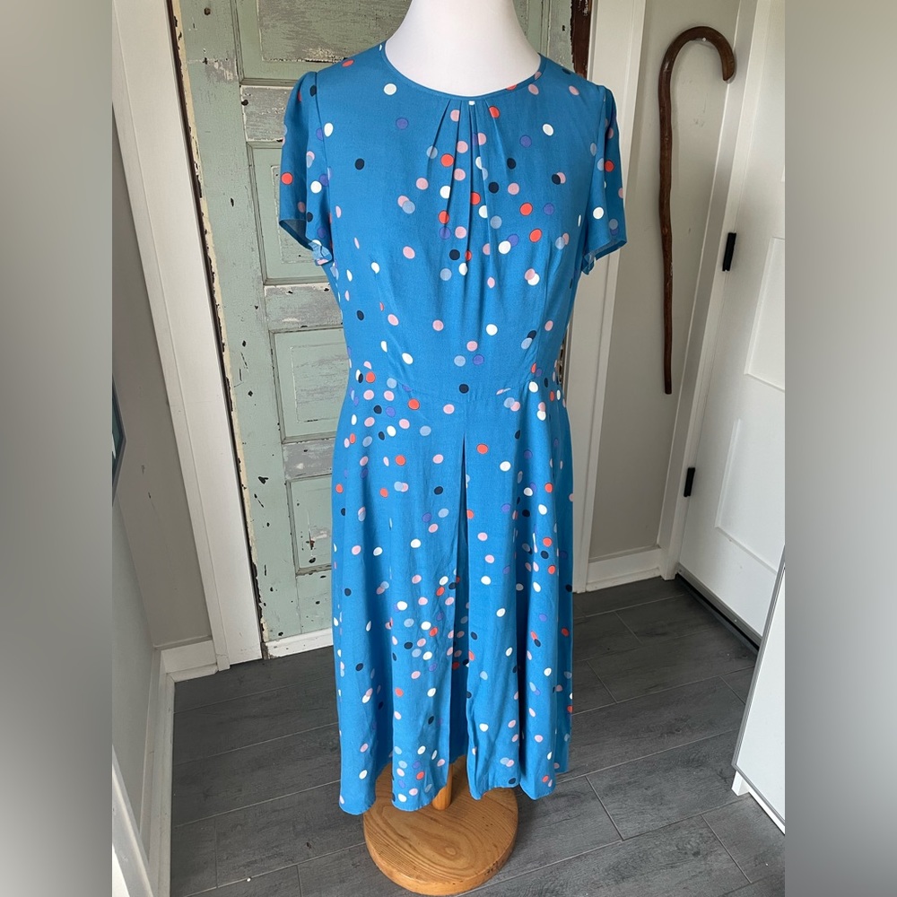 Boden 10L Dress retro style A-line Midi sky blue with red dots NWOT
